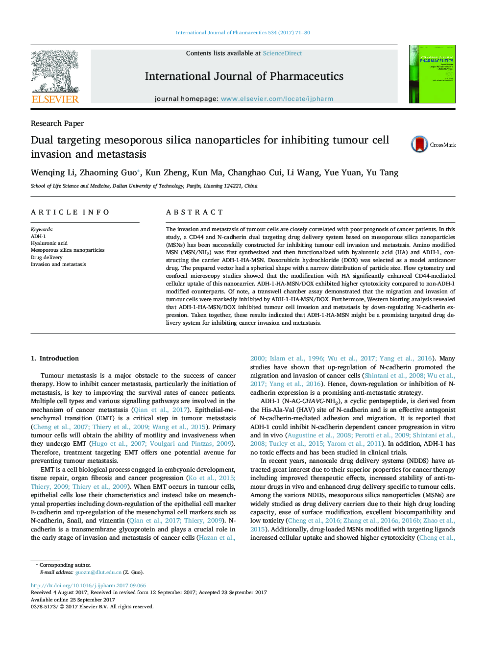 Dual targeting mesoporous silica nanoparticles for inhibiting tumour cell invasion and metastasis