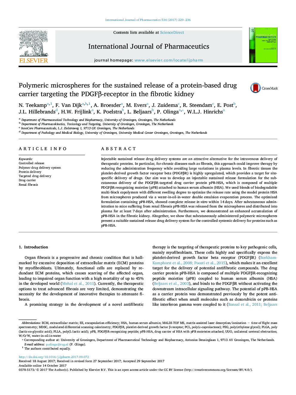 Polymeric microspheres for the sustained release of a protein-based drug carrier targeting the PDGFÎ²-receptor in the fibrotic kidney