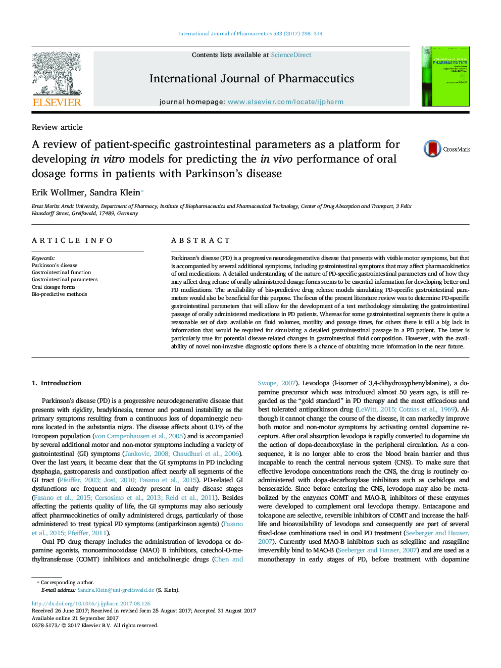 A review of patient-specific gastrointestinal parameters as a platform for developing in vitro models for predicting the in vivo performance of oral dosage forms in patients with Parkinson's disease