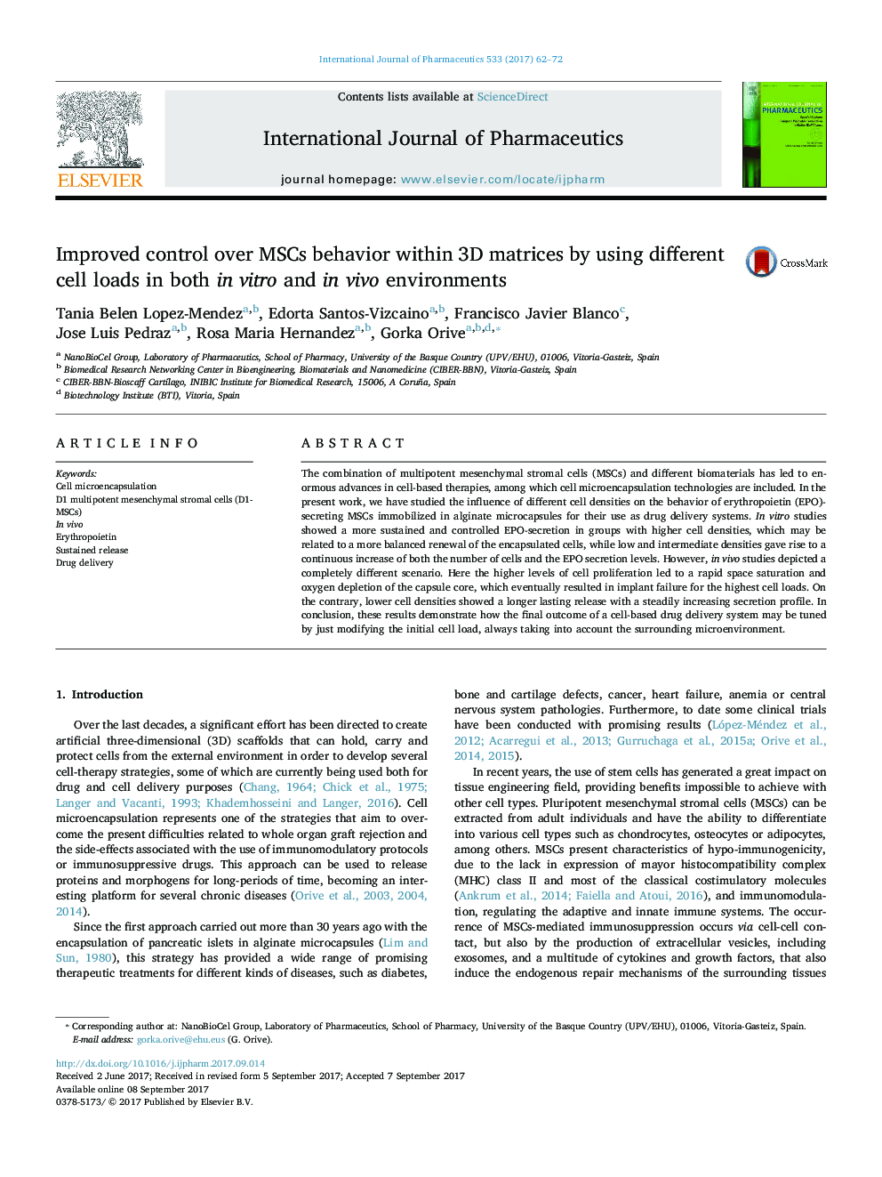 Improved control over MSCs behavior within 3D matrices by using different cell loads in both in vitro and in vivo environments