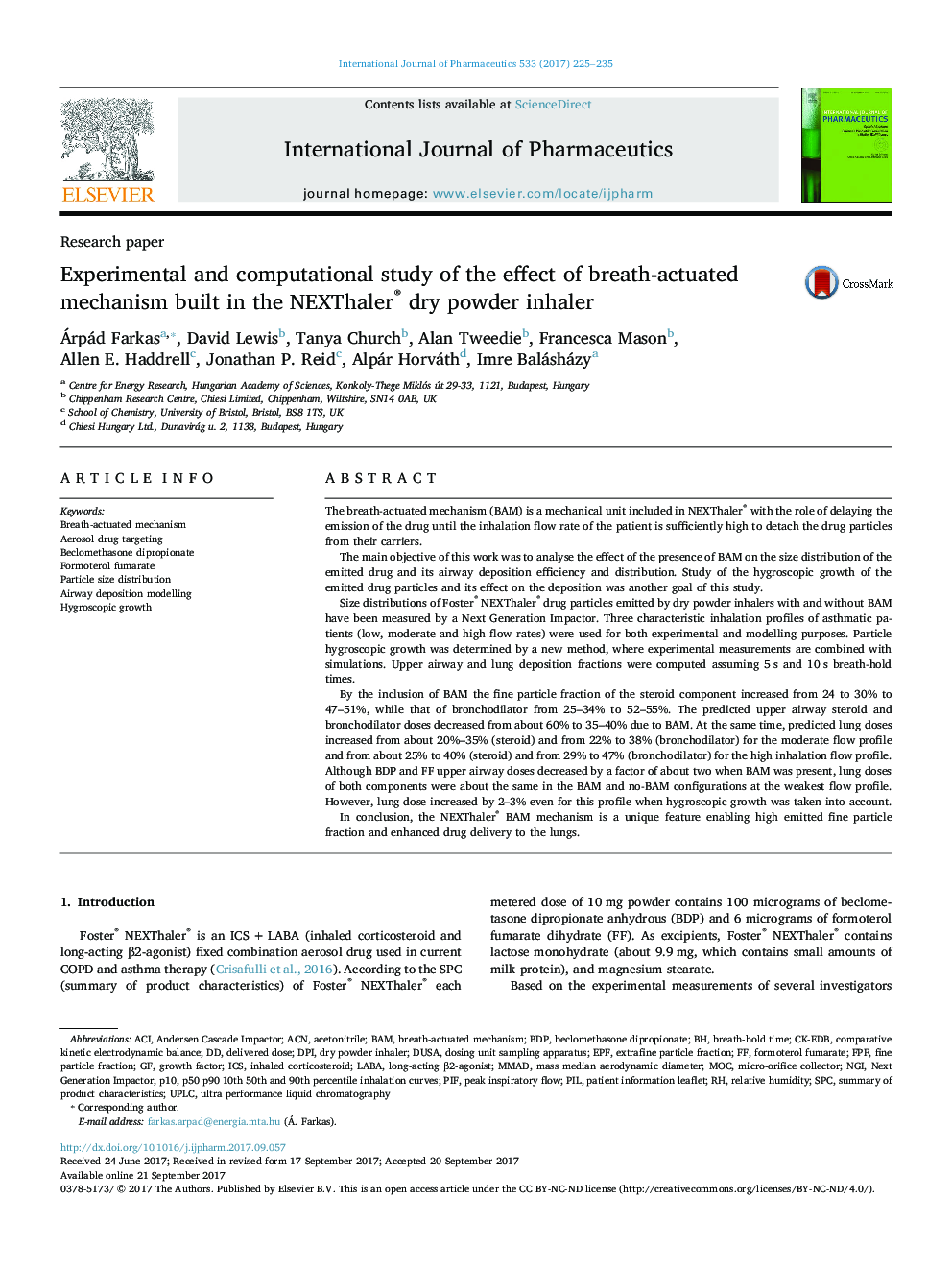 عکس صفحه اول مقاله: Experimental and computational study of the effect of breath-actuated mechanism built in the NEXThaler® dry powder inhaler Experimental and computational study of the effect of breath-actuated mechanism built in the NEXThaler® dry powder inhaler