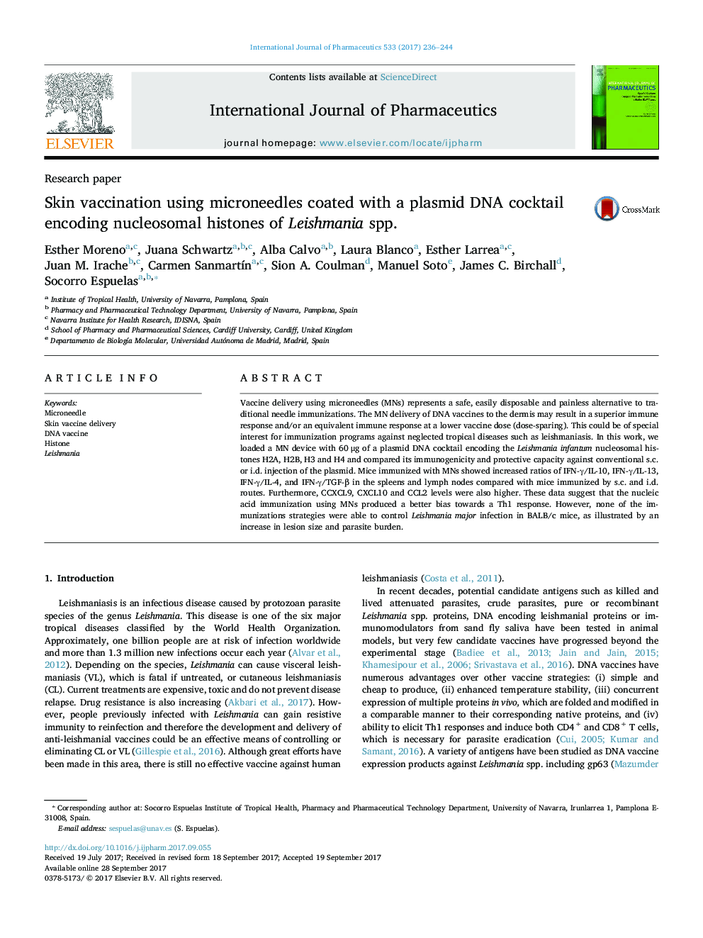 Skin vaccination using microneedles coated with a plasmid DNA cocktail encoding nucleosomal histones of Leishmania spp.