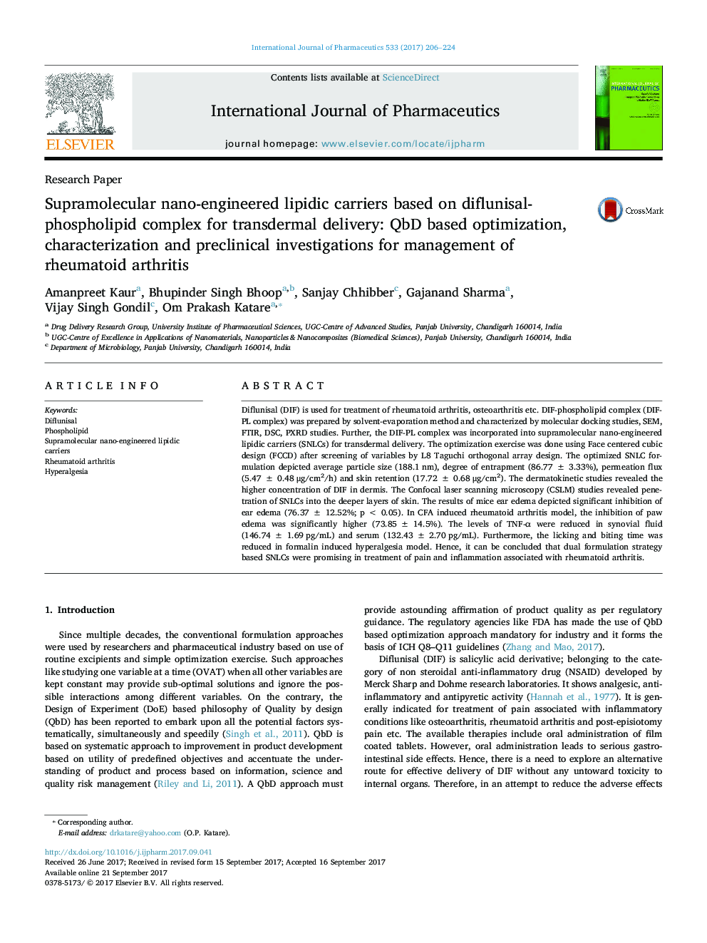 Supramolecular nano-engineered lipidic carriers based on diflunisal-phospholipid complex for transdermal delivery: QbD based optimization, characterization and preclinical investigations for management of rheumatoid arthritis