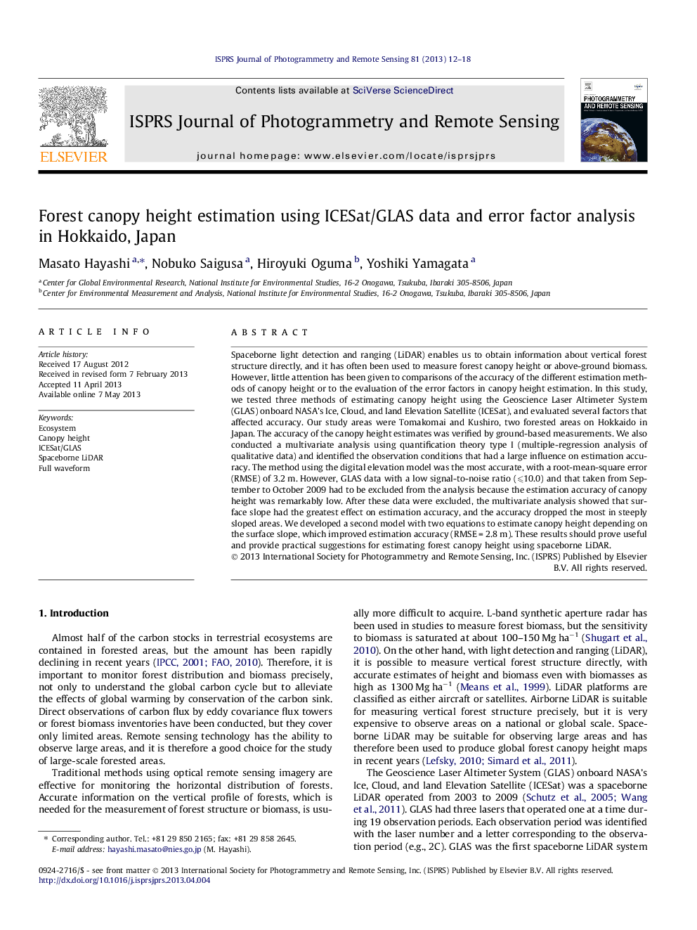 Forest canopy height estimation using ICESat/GLAS data and error factor analysis in Hokkaido, Japan