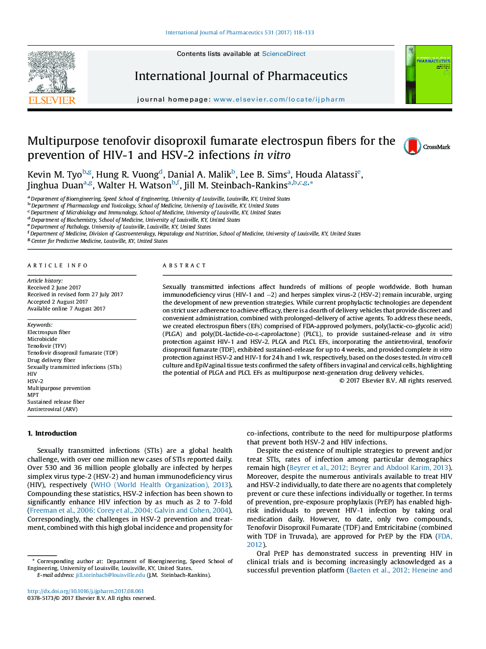 Multipurpose tenofovir disoproxil fumarate electrospun fibers for the prevention of HIV-1 and HSV-2 infections in vitro