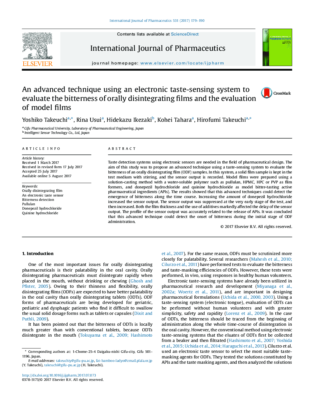 An advanced technique using an electronic taste-sensing system to evaluate the bitterness of orally disintegrating films and the evaluation of model films