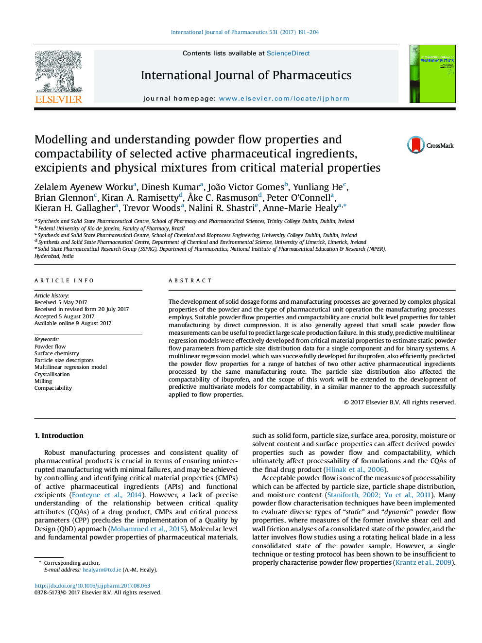 Modelling and understanding powder flow properties and compactability of selected active pharmaceutical ingredients, excipients and physical mixtures from critical material properties