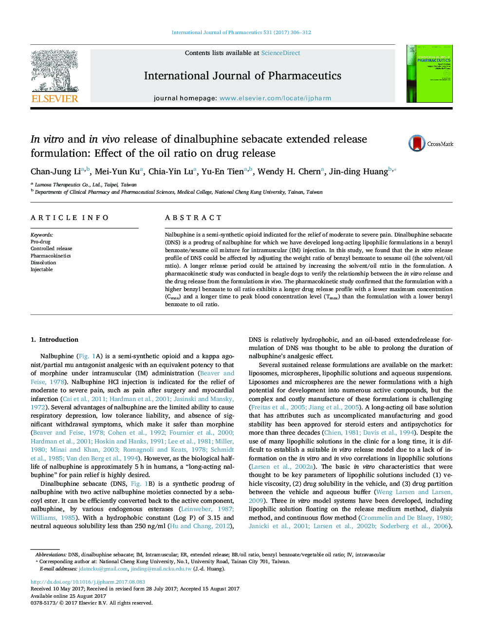 In vitro and in vivo release of dinalbuphine sebacate extended release formulation: Effect of the oil ratio on drug release