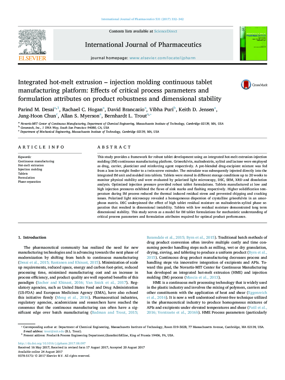 Integrated hot-melt extrusion - injection molding continuous tablet manufacturing platform: Effects of critical process parameters and formulation attributes on product robustness and dimensional stability