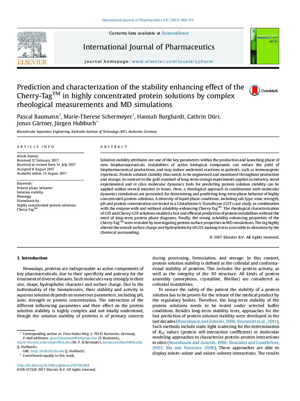 Prediction and characterization of the stability enhancing effect of the Cherry-Tagâ¢ in highly concentrated protein solutions by complex rheological measurements and MD simulations