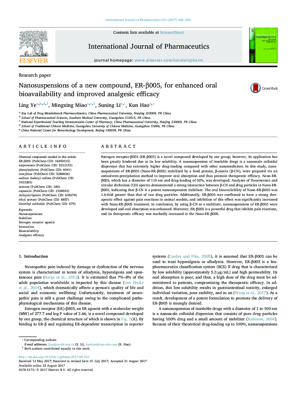 Nanosuspensions of a new compound, ER-Î²005, for enhanced oral bioavailability and improved analgesic efficacy