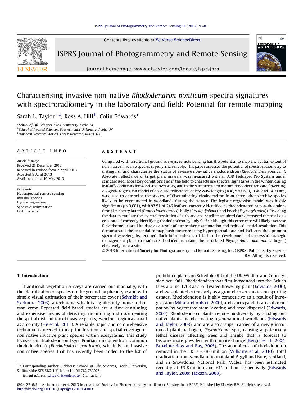 Characterising invasive non-native Rhododendron ponticum spectra signatures with spectroradiometry in the laboratory and field: Potential for remote mapping