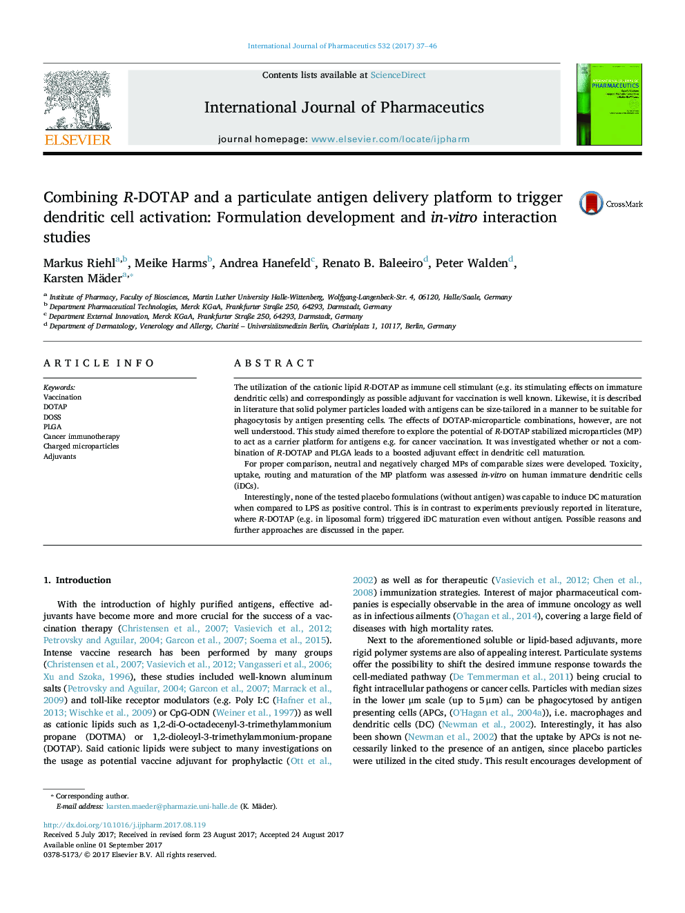 Combining R-DOTAP and a particulate antigen delivery platform to trigger dendritic cell activation: Formulation development and in-vitro interaction studies