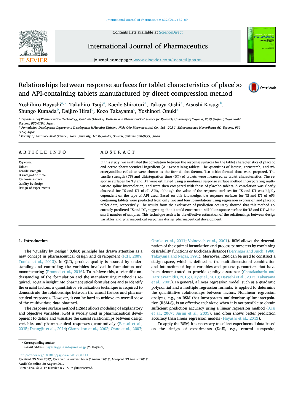 Relationships between response surfaces for tablet characteristics of placebo and API-containing tablets manufactured by direct compression method