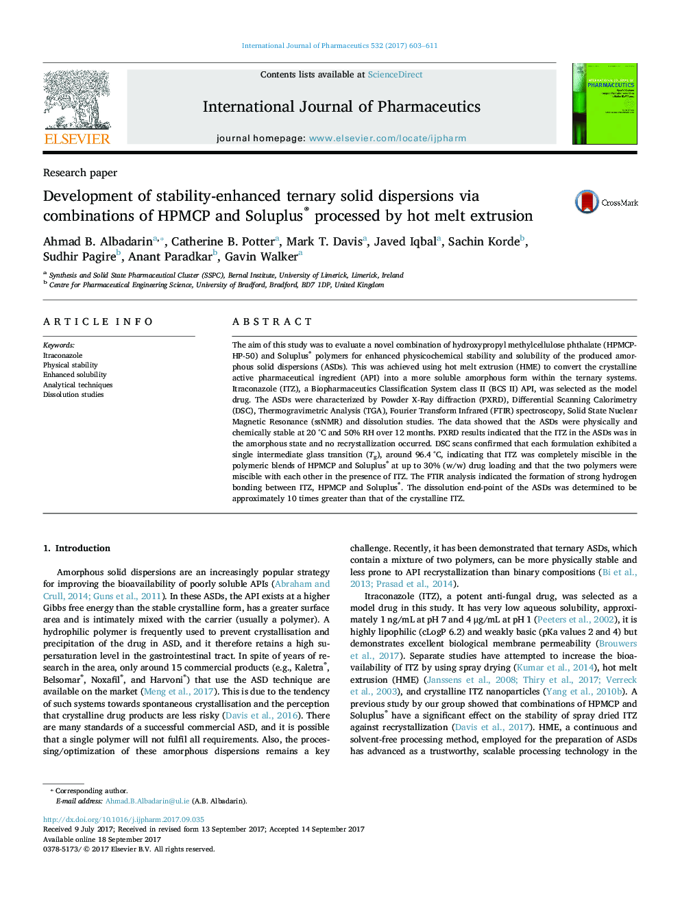 Development of stability-enhanced ternary solid dispersions via combinations of HPMCP and Soluplus® processed by hot melt extrusion