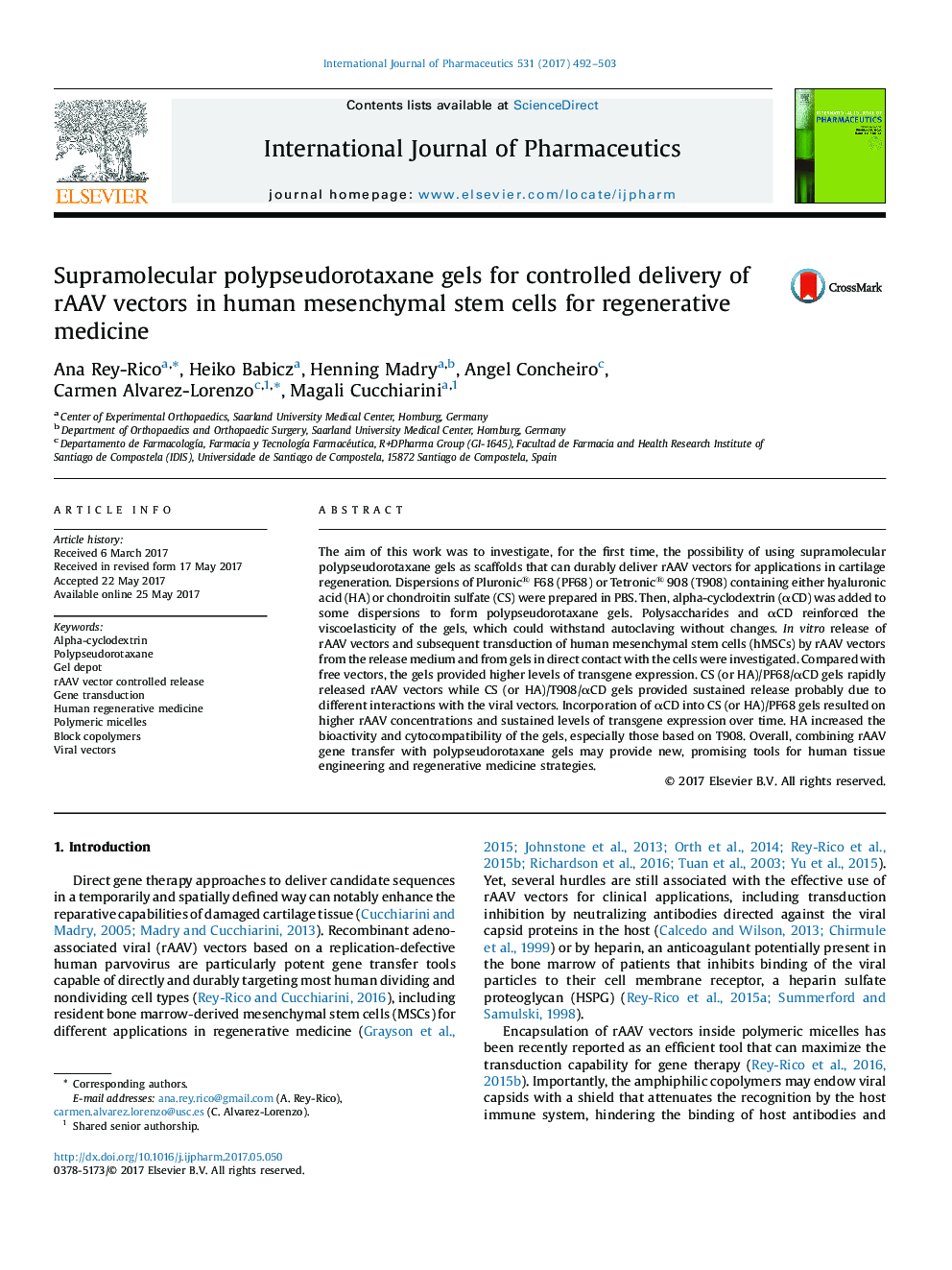 Supramolecular polypseudorotaxane gels for controlled delivery of rAAV vectors in human mesenchymal stem cells for regenerative medicine