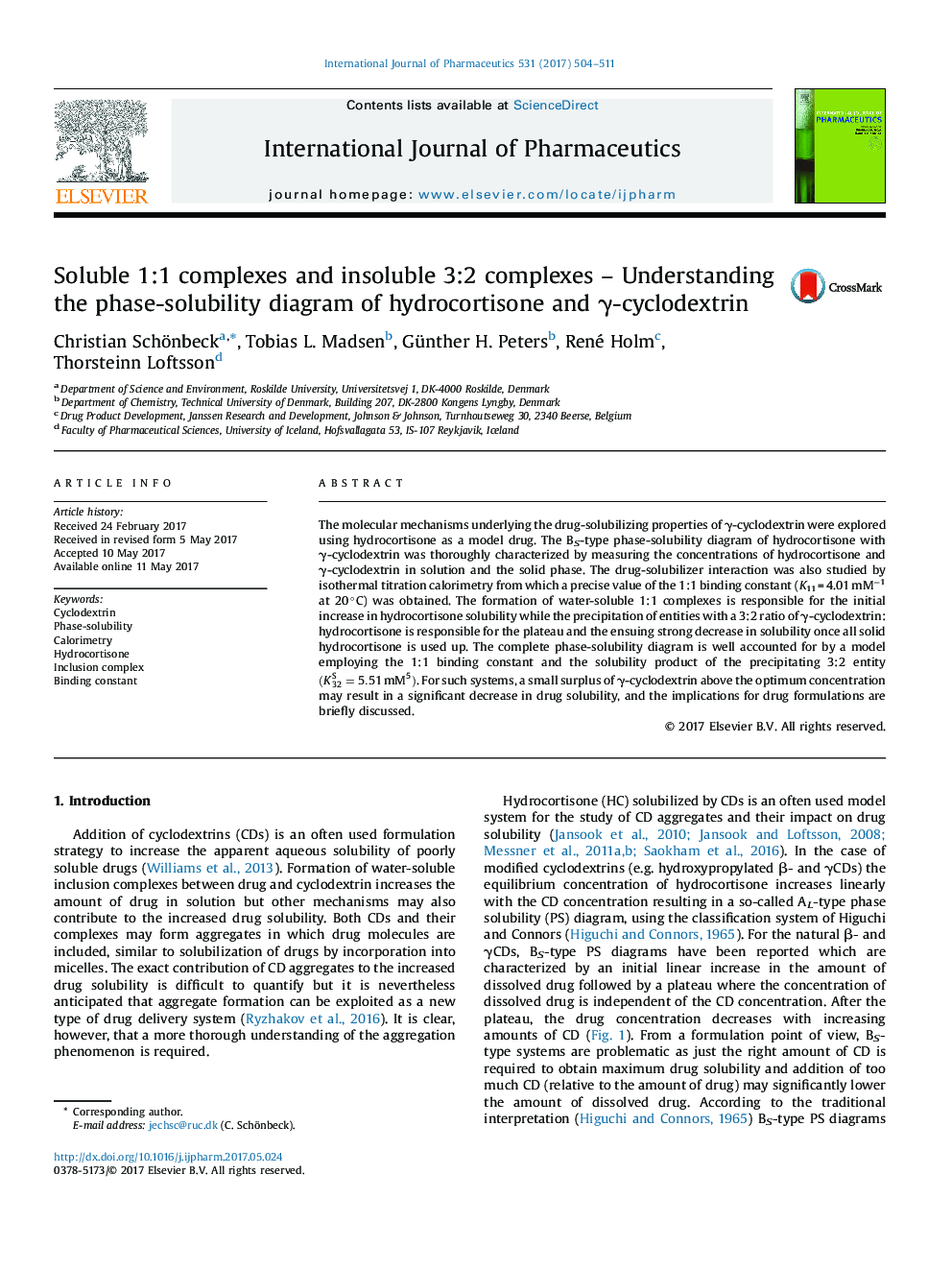 Soluble 1:1 complexes and insoluble 3:2 complexes - Understanding the phase-solubility diagram of hydrocortisone and Î³-cyclodextrin