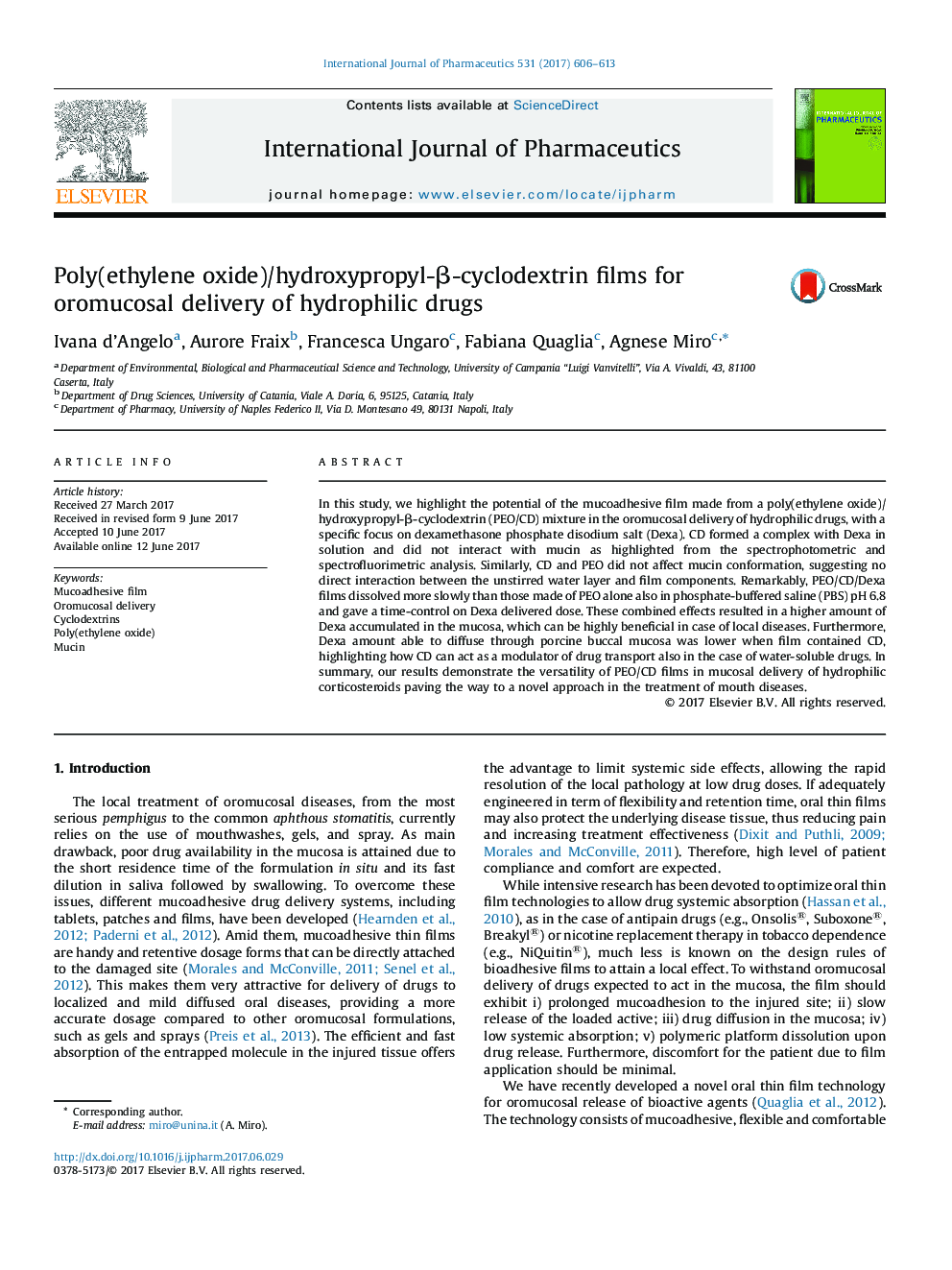 Poly(ethylene oxide)/hydroxypropyl-Î²-cyclodextrin films for oromucosal delivery of hydrophilic drugs