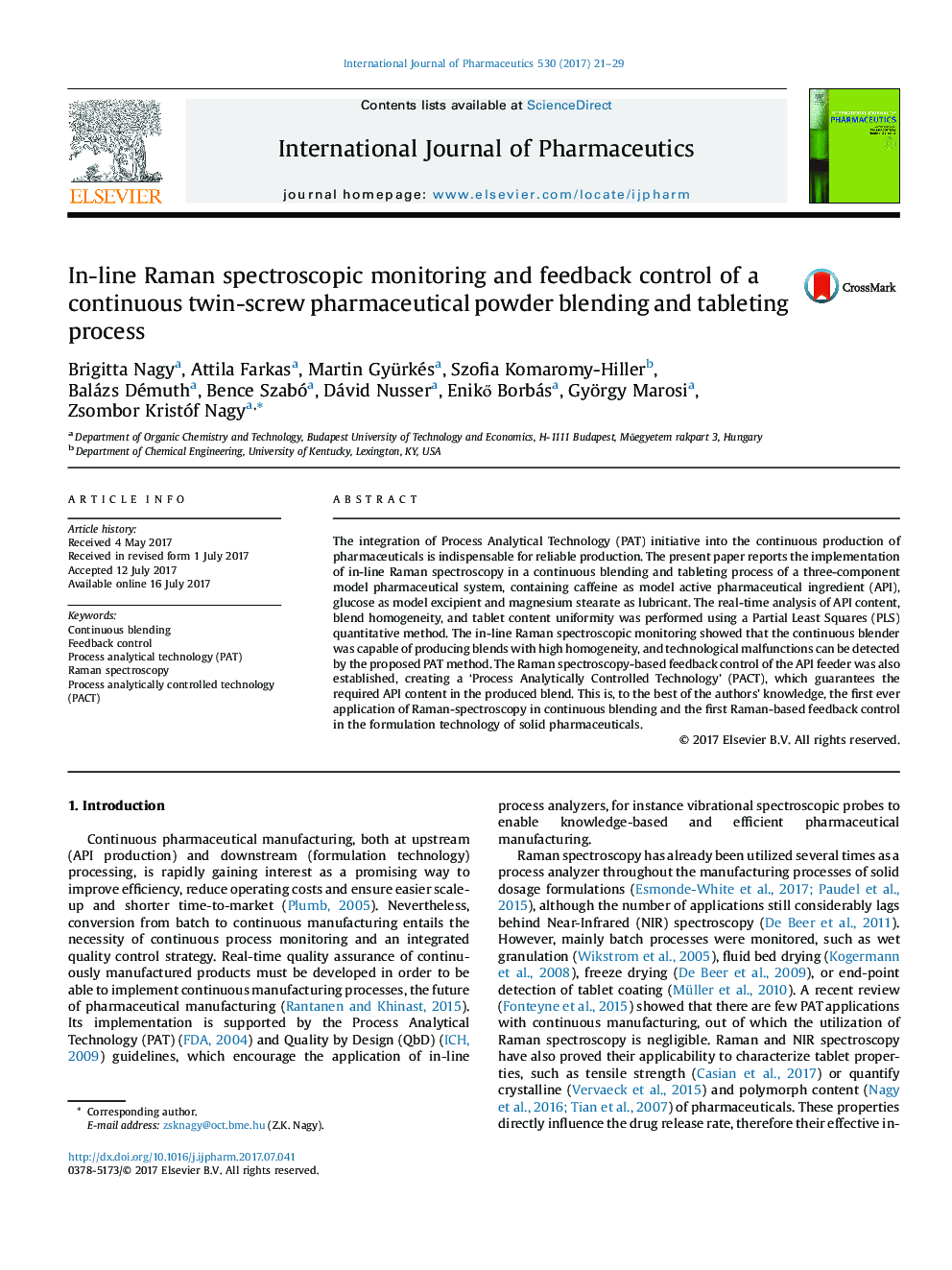 In-line Raman spectroscopic monitoring and feedback control of a continuous twin-screw pharmaceutical powder blending and tableting process