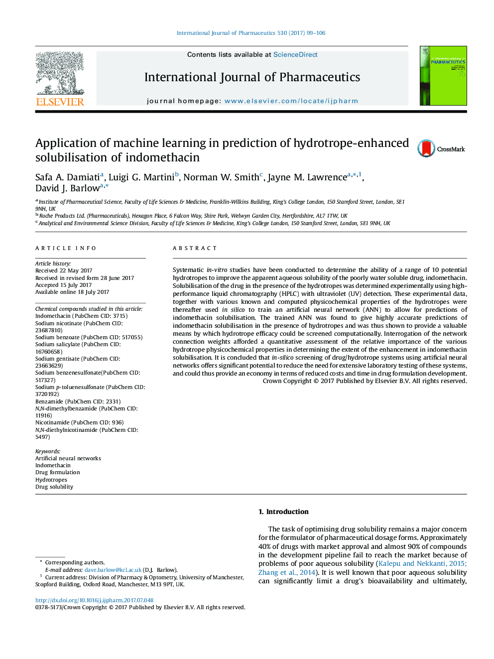 استفاده از یادگیری ماشین در پیش بینی محلولسازی هیدروتروم از اندومتاسین 