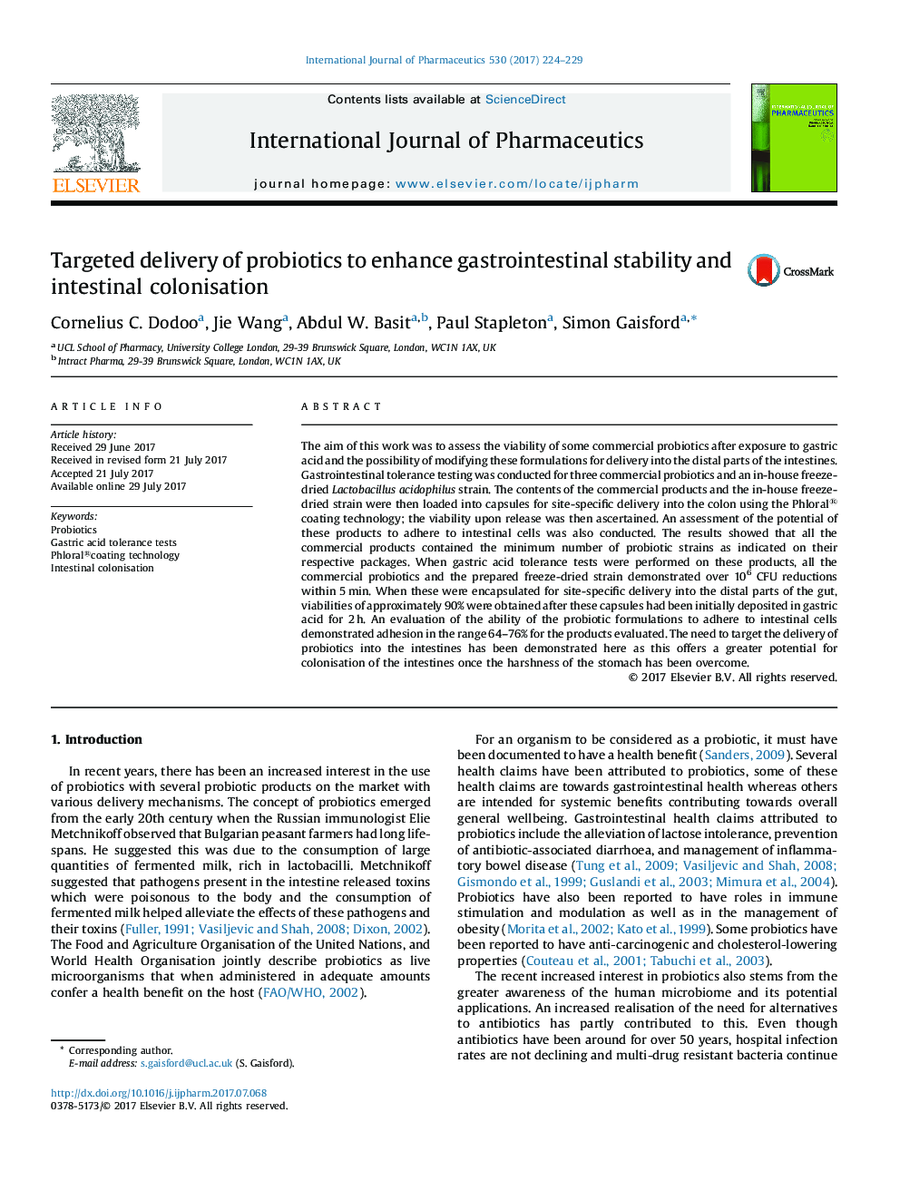 Targeted delivery of probiotics to enhance gastrointestinal stability and intestinal colonisation