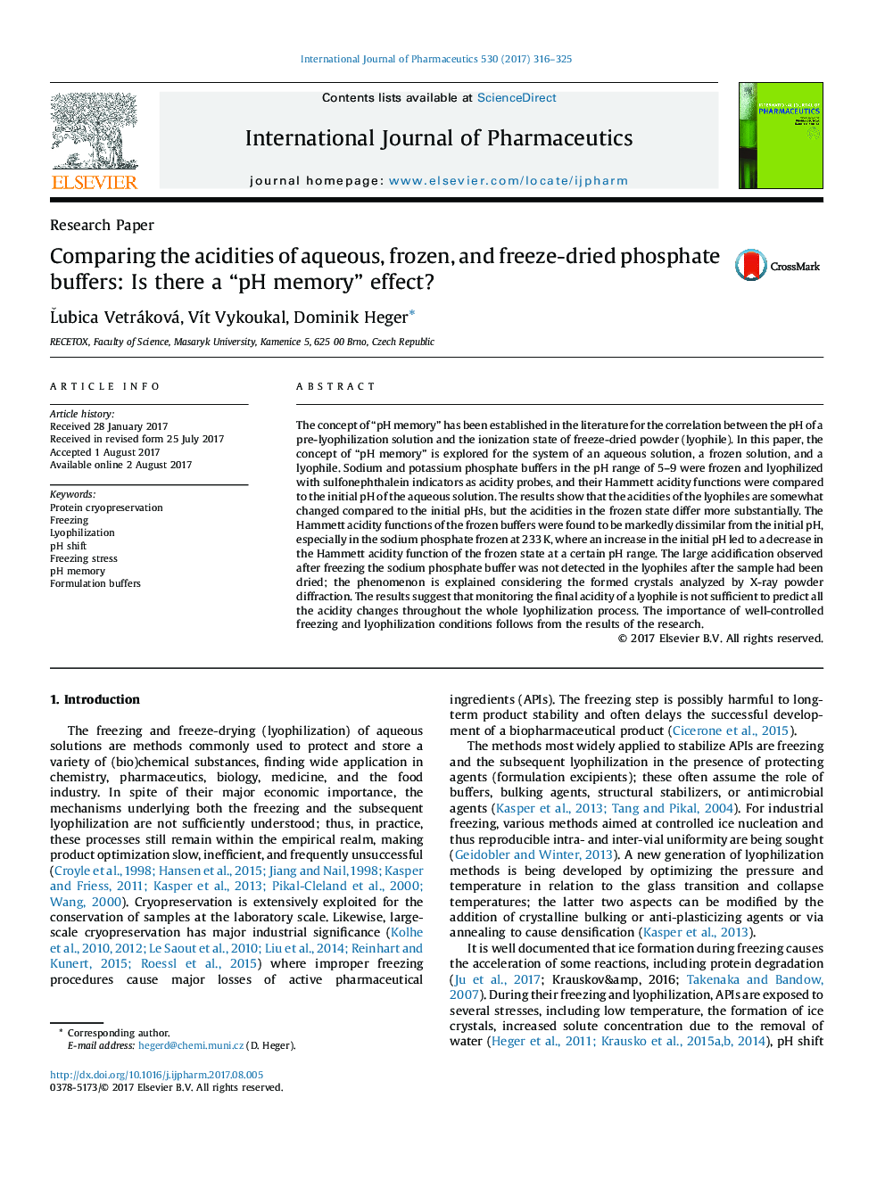 Comparing the acidities of aqueous, frozen, and freeze-dried phosphate buffers: Is there a “pH memory” effect?