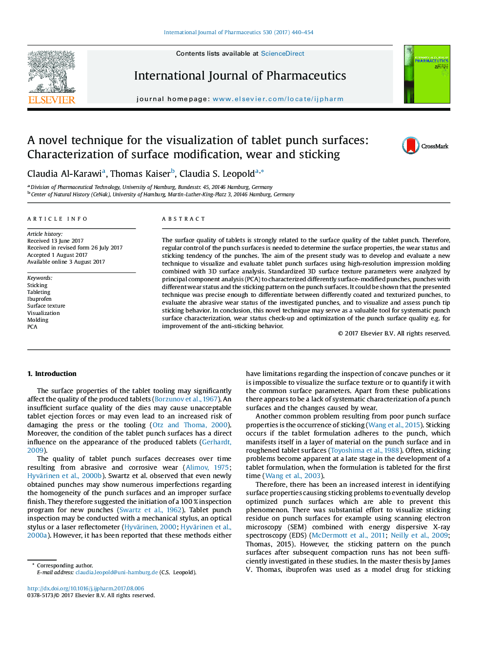 A novel technique for the visualization of tablet punch surfaces: Characterization of surface modification, wear and sticking