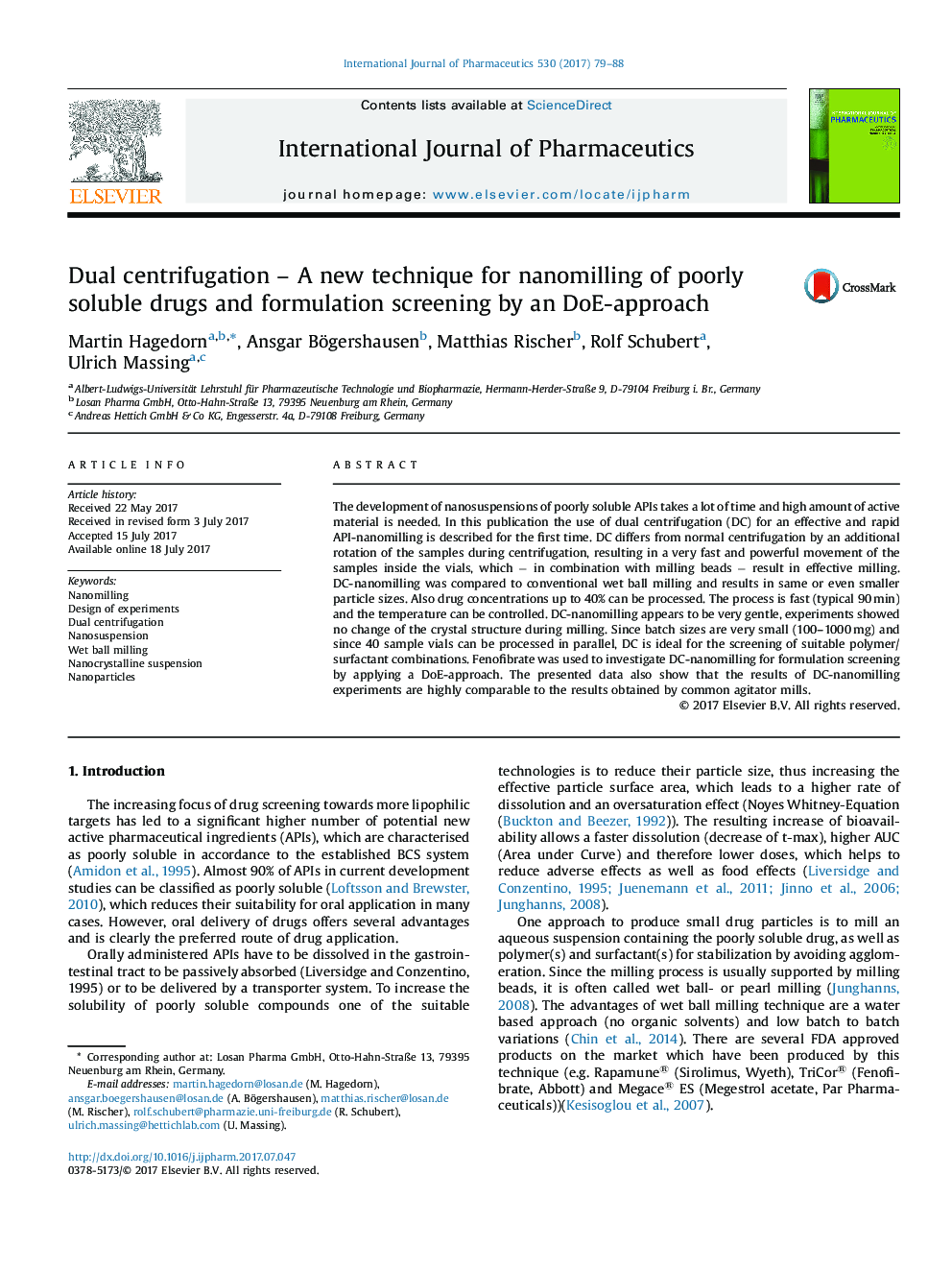 Dual centrifugation - A new technique for nanomilling of poorly soluble drugs and formulation screening by an DoE-approach