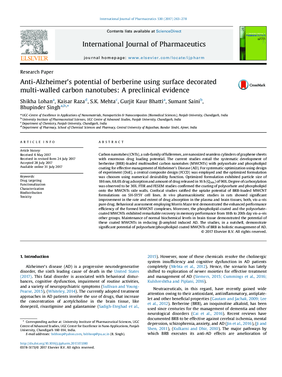 Anti-Alzheimer's potential of berberine using surface decorated multi-walled carbon nanotubes: A preclinical evidence