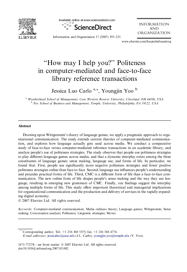 “How may I help you?” Politeness in computer-mediated and face-to-face library reference transactions