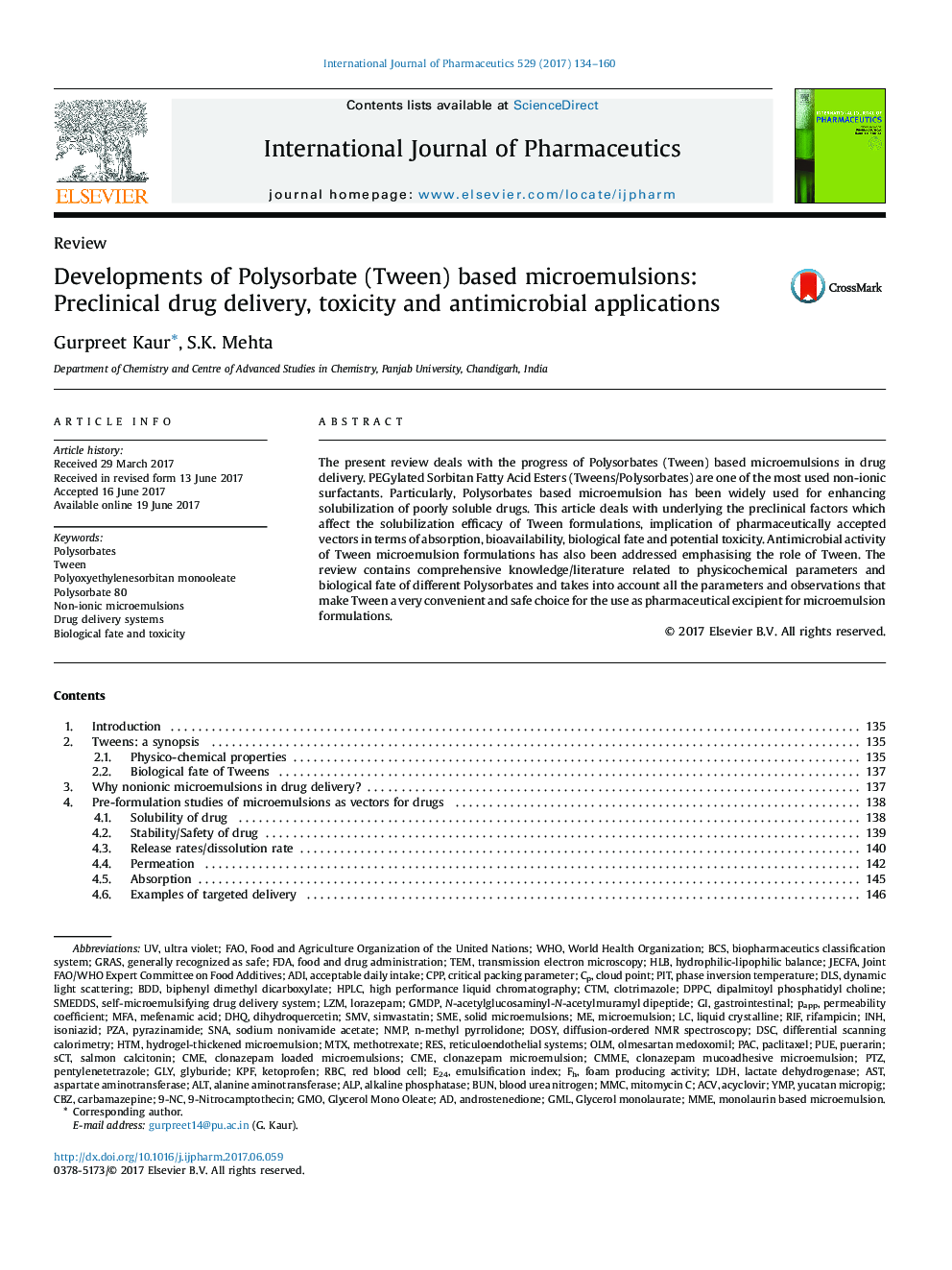 Developments of Polysorbate (Tween) based microemulsions: Preclinical drug delivery, toxicity and antimicrobial applications