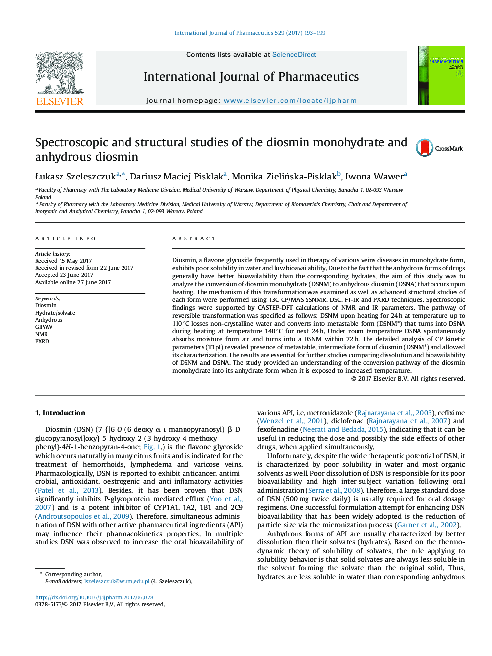 Spectroscopic and structural studies of the diosmin monohydrate and anhydrous diosmin