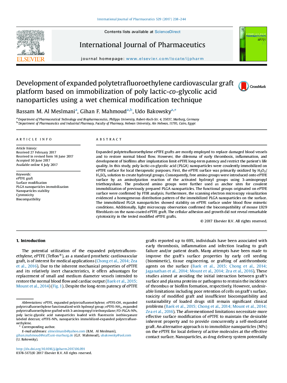 Development of expanded polytetrafluoroethylene cardiovascular graft platform based on immobilization of poly lactic-co-glycolic acid nanoparticles using a wet chemical modification technique