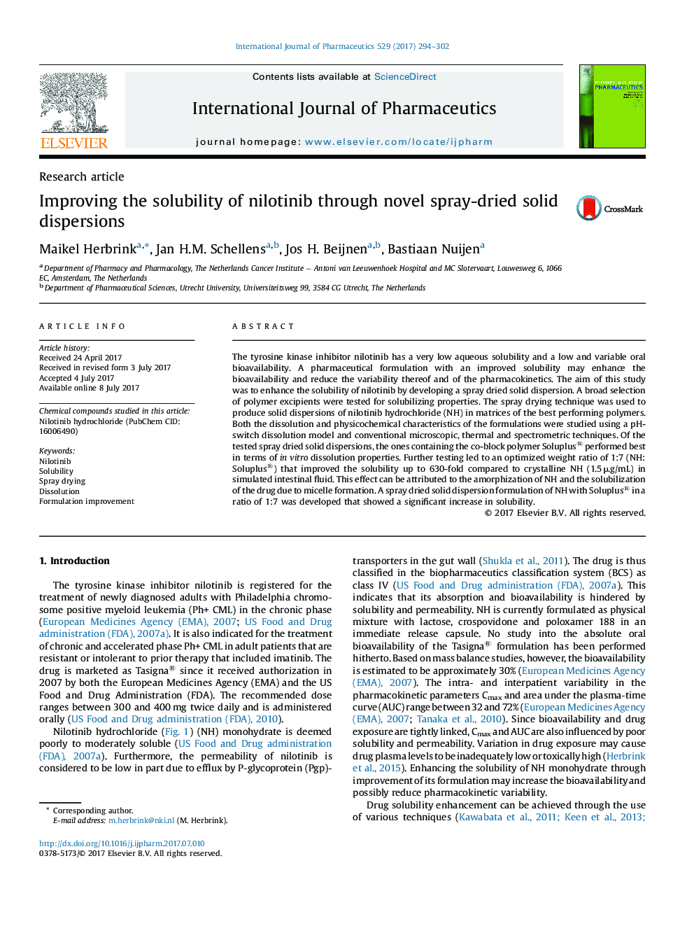 Improving the solubility of nilotinib through novel spray-dried solid dispersions