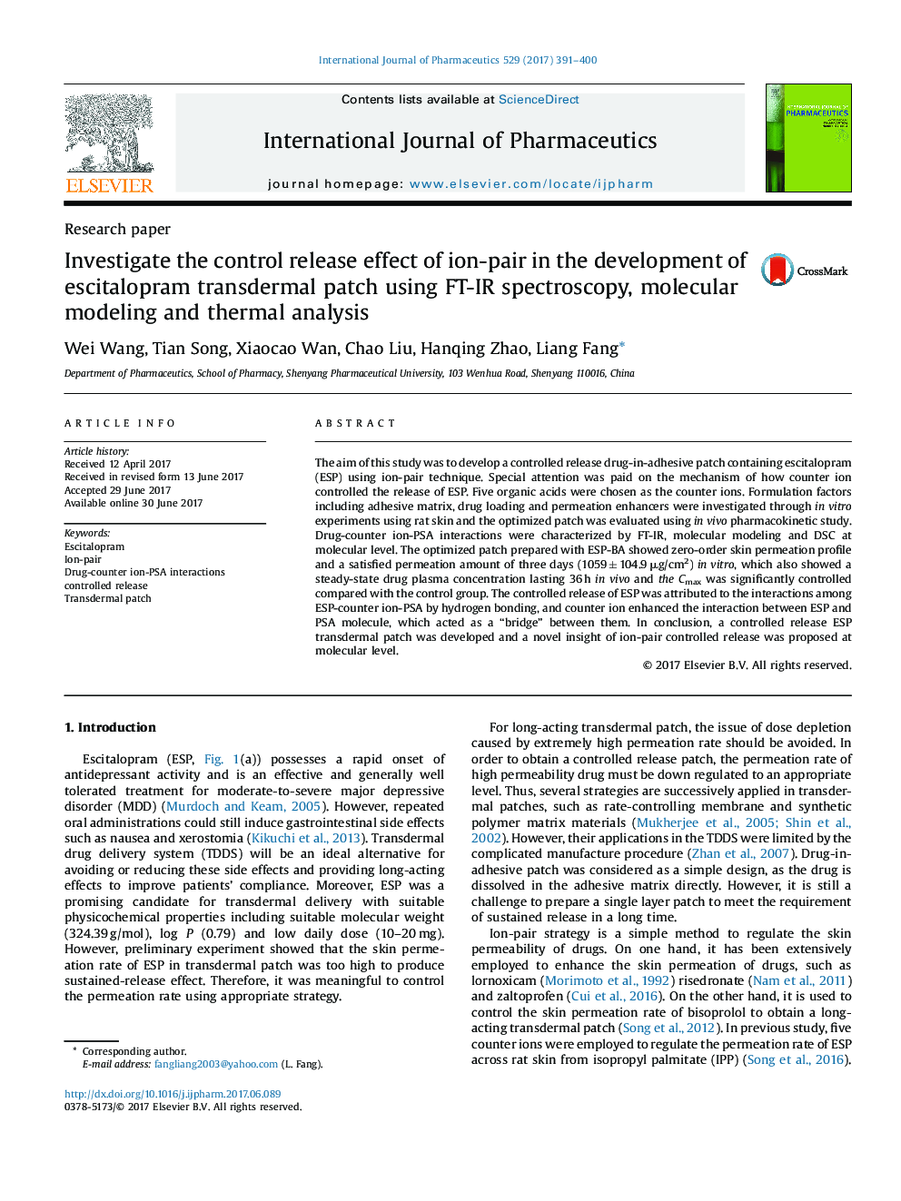 Investigate the control release effect of ion-pair in the development of escitalopram transdermal patch using FT-IR spectroscopy, molecular modeling and thermal analysis