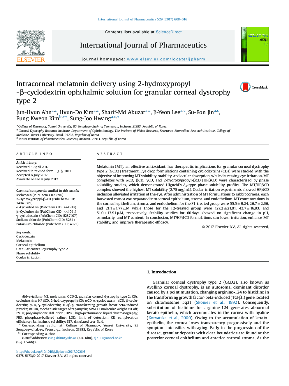 Intracorneal melatonin delivery using 2-hydroxypropyl-Î²-cyclodextrin ophthalmic solution for granular corneal dystrophy type 2