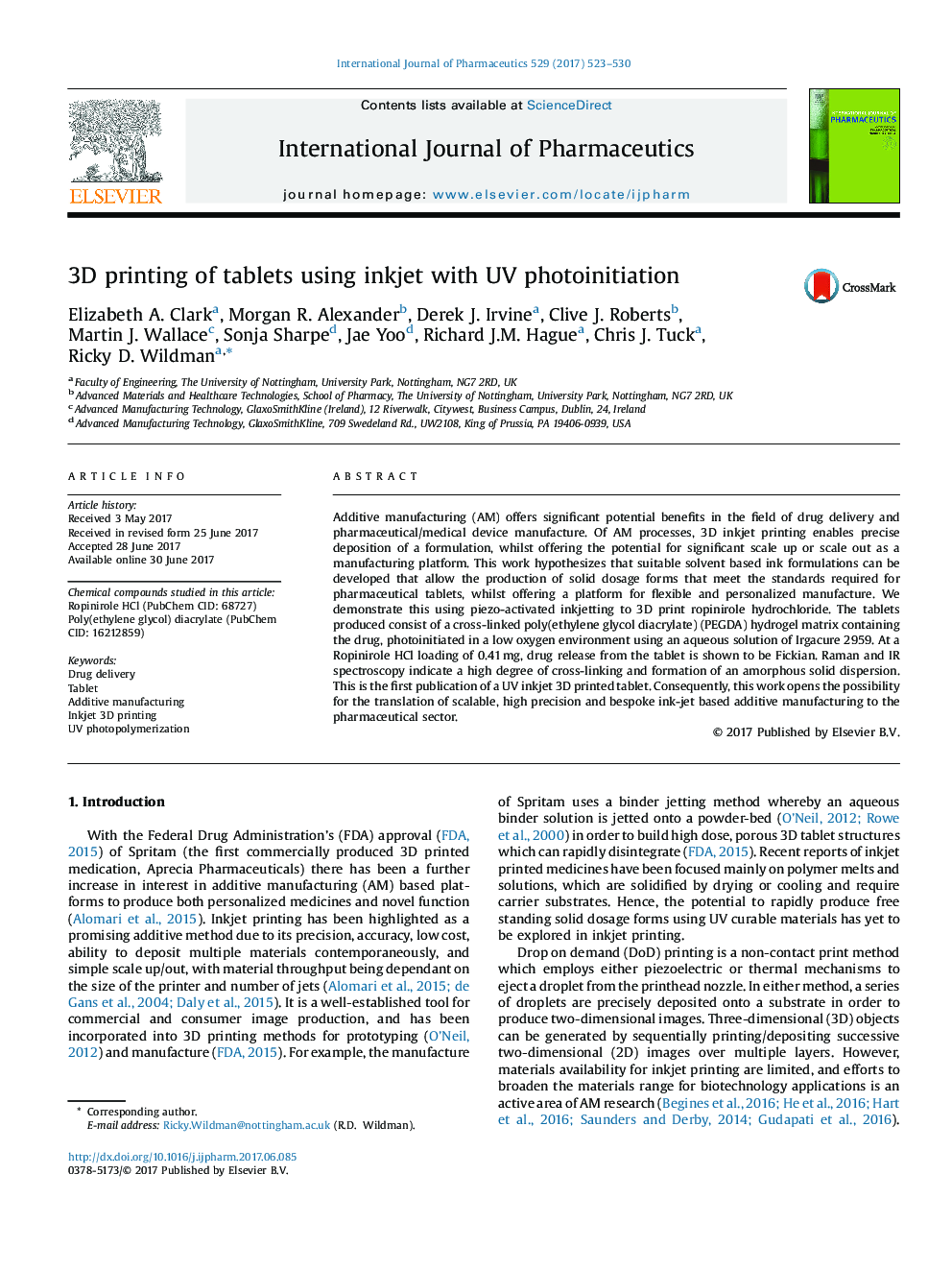 3D printing of tablets using inkjet with UV photoinitiation