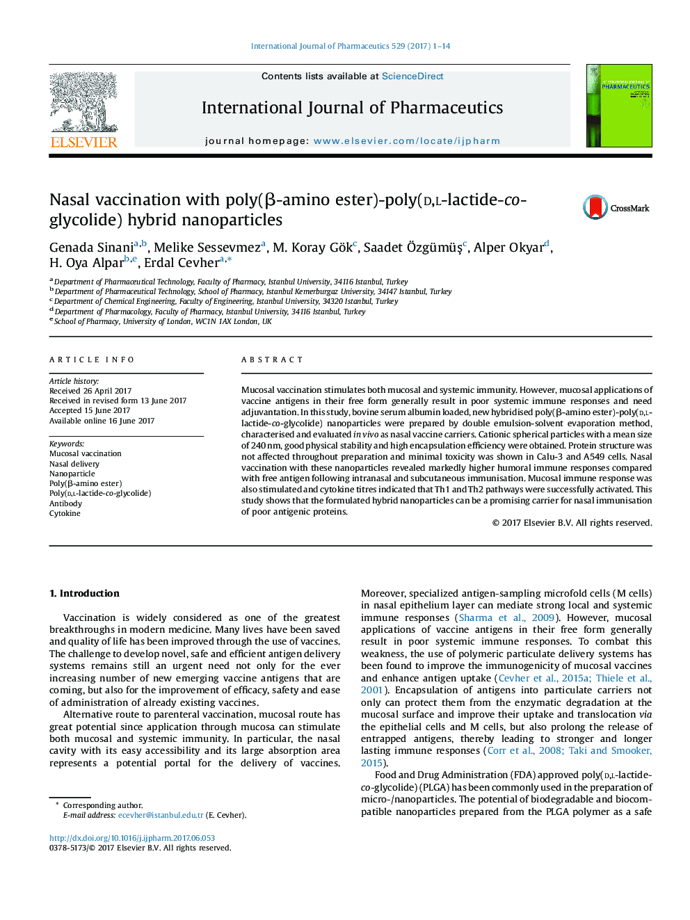 Nasal vaccination with poly(Î²-amino ester)-poly(d,l-lactide-co-glycolide) hybrid nanoparticles