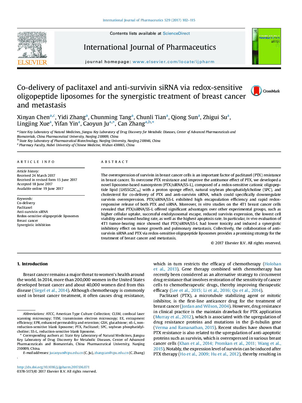 Co-delivery of paclitaxel and anti-survivin siRNA via redox-sensitive oligopeptide liposomes for the synergistic treatment of breast cancer and metastasis