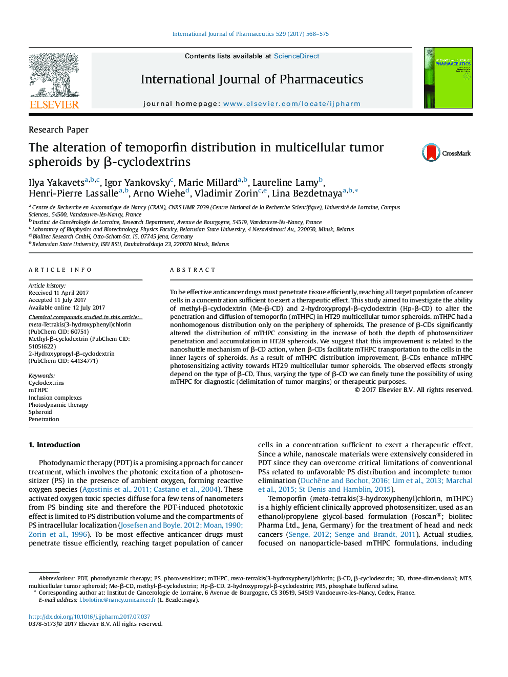 The alteration of temoporfin distribution in multicellular tumor spheroids by Î²-cyclodextrins