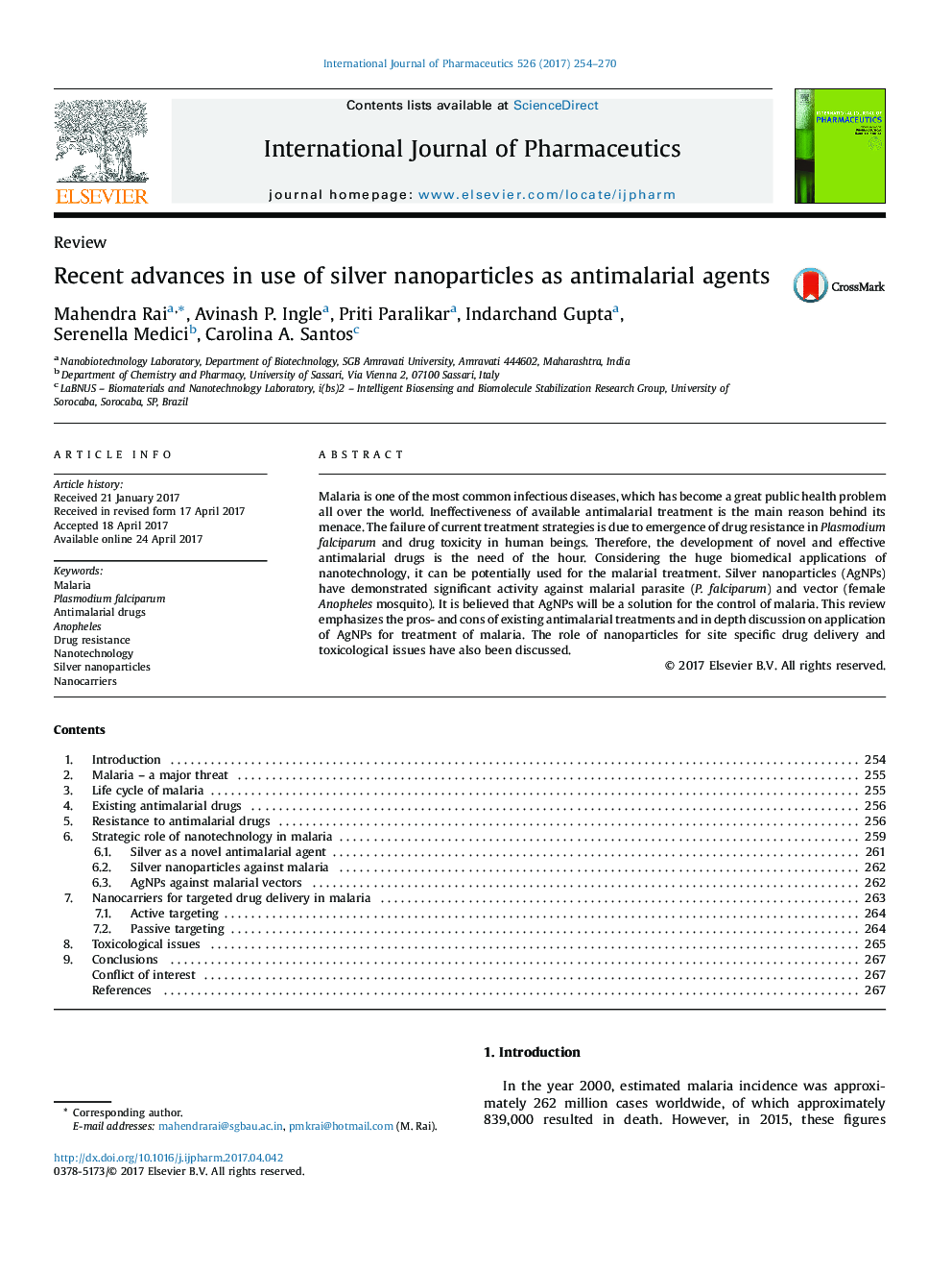 Recent advances in use of silver nanoparticles as antimalarial agents