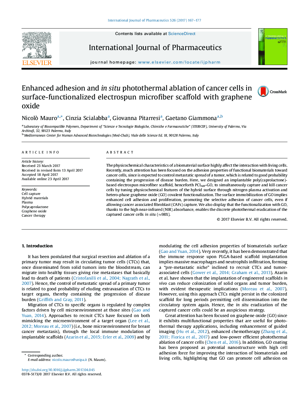 Enhanced adhesion and in situ photothermal ablation of cancer cells in surface-functionalized electrospun microfiber scaffold with graphene oxide