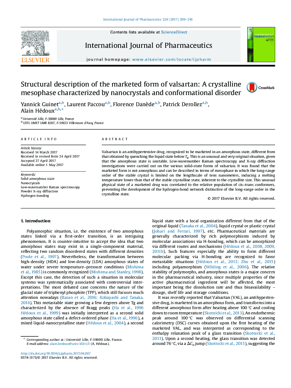 عکس صفحه اول مقاله: Structural description of the marketed form of valsartan: A crystalline mesophase characterized by nanocrystals and conformational disorder Structural description of the marketed form of valsartan: A crystalline mesophase characterized by nanocrystals and conformational disorder