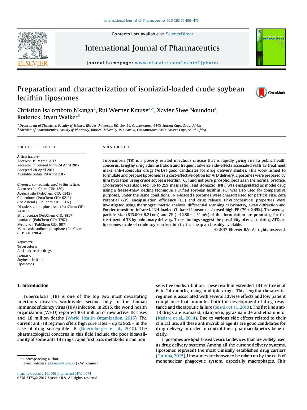 Preparation and characterization of isoniazid-loaded crude soybean lecithin liposomes