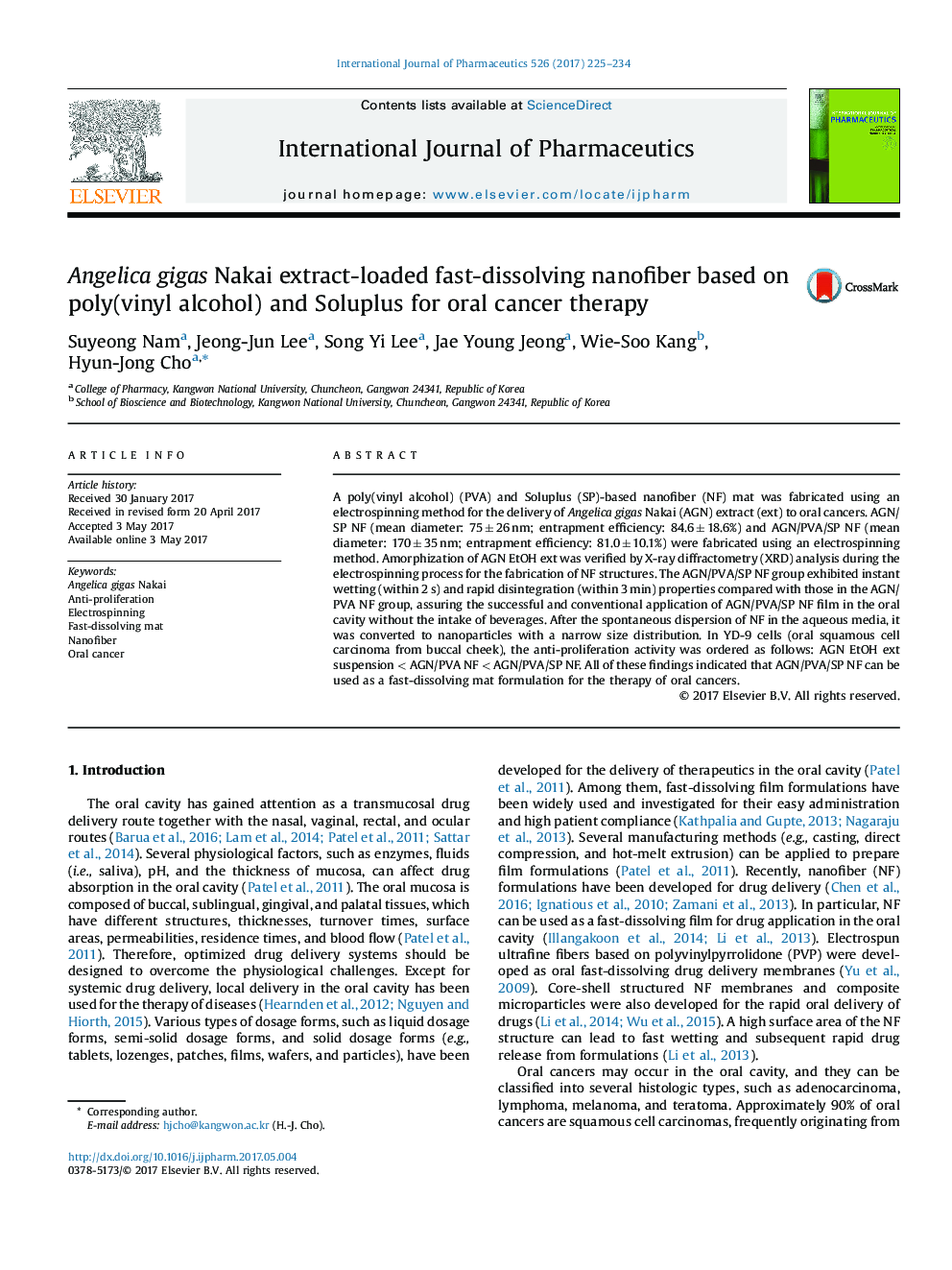 Angelica gigas Nakai extract-loaded fast-dissolving nanofiber based on poly(vinyl alcohol) and Soluplus for oral cancer therapy