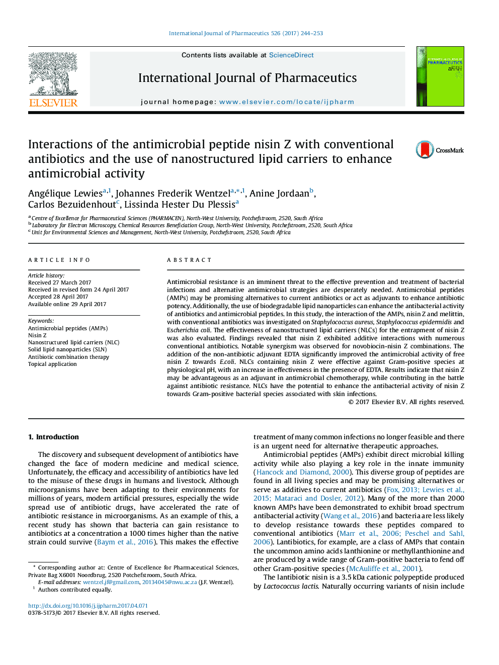 Interactions of the antimicrobial peptide nisin Z with conventional antibiotics and the use of nanostructured lipid carriers to enhance antimicrobial activity