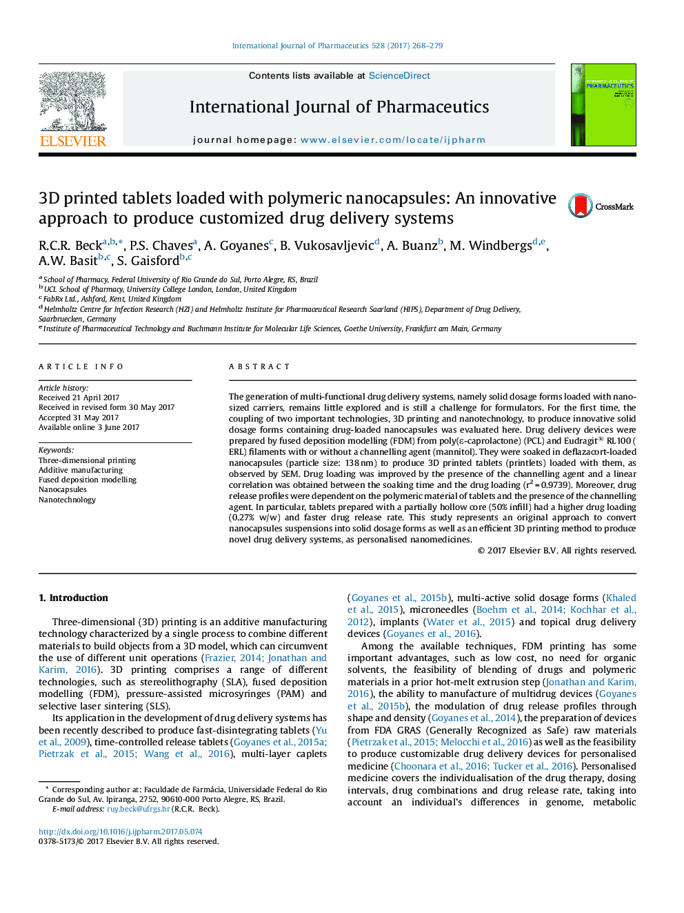 3D printed tablets loaded with polymeric nanocapsules: An innovative approach to produce customized drug delivery systems