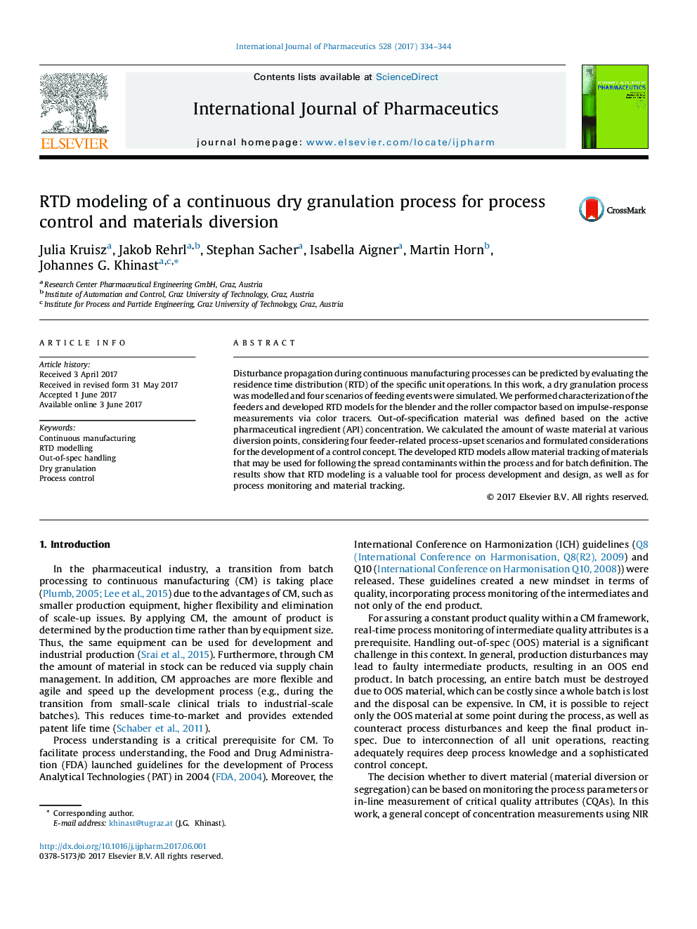 RTD modeling of a continuous dry granulation process for process control and materials diversion