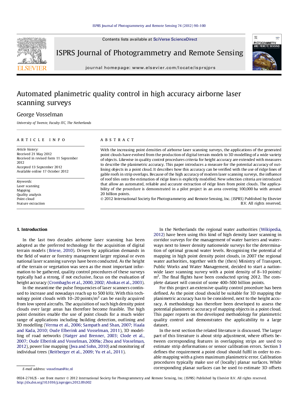 Automated planimetric quality control in high accuracy airborne laser scanning surveys