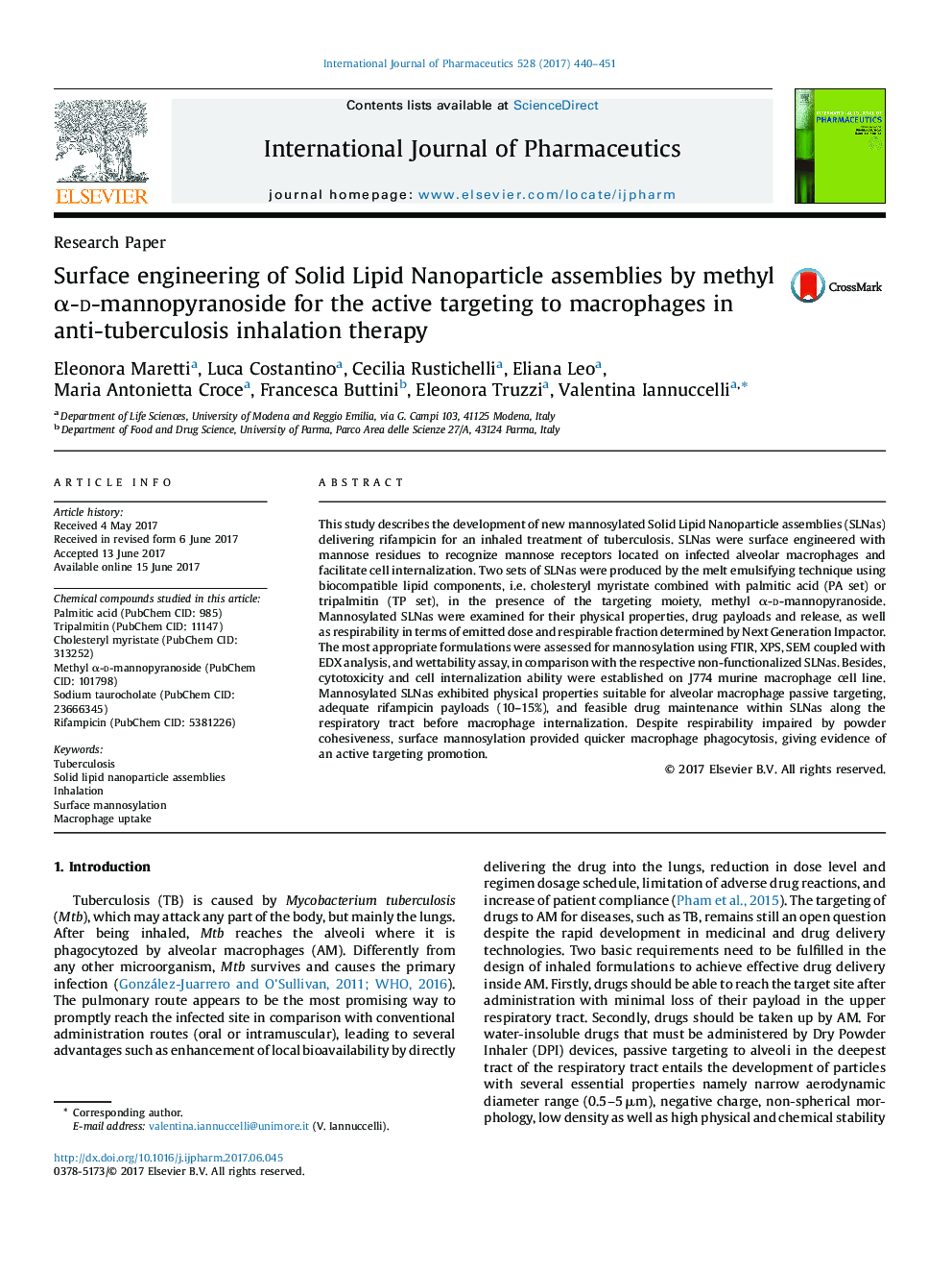 Surface engineering of Solid Lipid Nanoparticle assemblies by methyl Î±-d-mannopyranoside for the active targeting to macrophages in anti-tuberculosis inhalation therapy